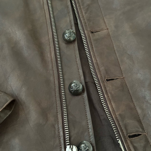 John Varvatos Leather Jacket Mens 48 Brown Leather Bomber Buttons double zip - Picture 4 of 16